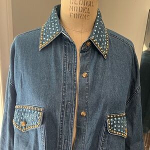 Vintage I.C.E. Look NY bedazzled cotton denim western shirt brass rhinestones
